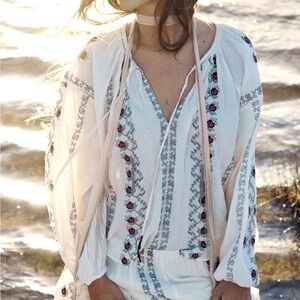 Zara Bohemian Embroidered Puff Sleeve Blouse